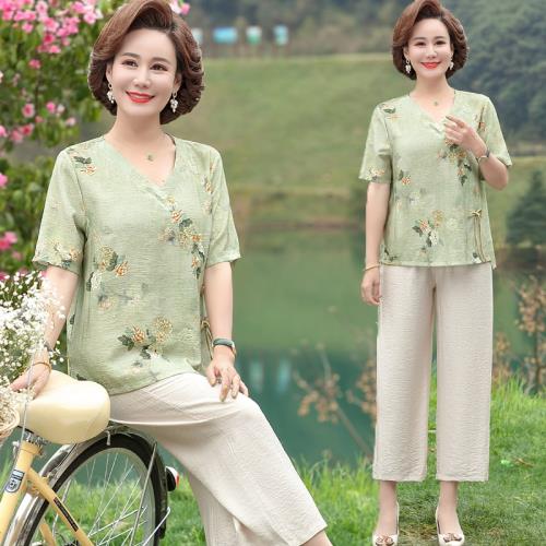 2024夏季中老年棉麻套裝兩件套復古時尚休閑亞麻民族風女裝媽媽裝