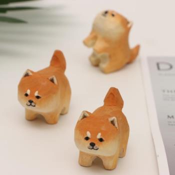 木雕小柴犬桌面擺件手工藝品可愛狗狗萌寵創意手作日系造景木製