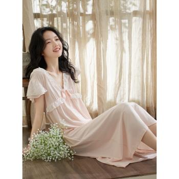 思莉太太睡裙夏季女款2023新款夏天涼感莫代爾棉V領蕾絲孕婦睡衣