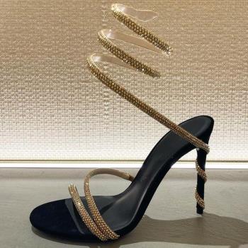 2023新款法式名媛鉆石細帶蛇形繞腳時裝高跟細跟圓頭露趾女涼鞋