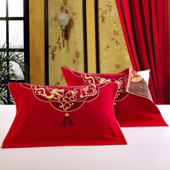 枕巾純棉一對裝結婚用的紅枕巾全棉高檔婚慶大紅色枕頭巾十大品牌