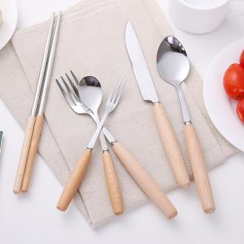 創意木質手柄不銹鋼刀叉水果叉西餐牛排刀叉勺餐具木柄湯勺筷子