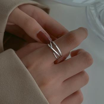 925純銀開口交叉戒指女小眾設計復古輕奢食指戒可調節飾品關節戒