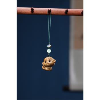 綠檀木雕萌猴手機掛鏈實木工藝可愛動物生肖小猴子鑰匙扣包包掛件