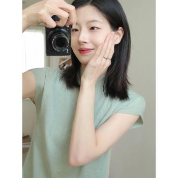 夏季溫柔系修身半高領冰絲針織衫短袖正肩T恤女薄荷綠色別致上衣