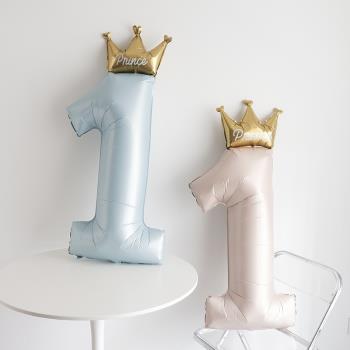 48寸皇冠數字氣球公主王子一周歲龍鳳胎男女寶寶生日派對布置裝飾