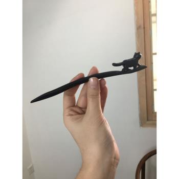 雕刻小貓咪卡通發簪頭飾綠檀木