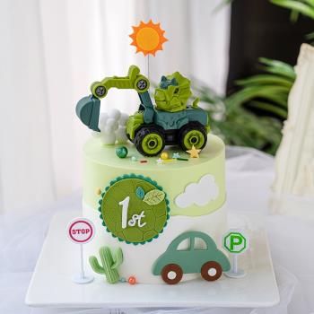 兒童恐龍工程車烘焙蛋糕裝飾擺件挖土機小汽車男孩生日派對配件