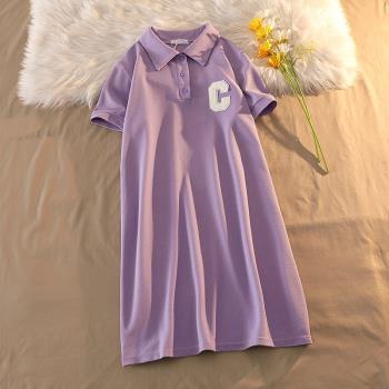 紫色刺繡短袖連衣裙女裝夏季小個子休閑學院風寬松顯瘦polo領裙子