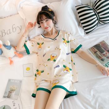 韓版睡衣女士夏季冰絲薄款短袖套裝甜美可愛黃鹿家居服夏天可外穿
