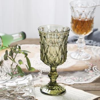 玻璃珠點杯家用飲料杯綠色葡萄酒杯紅酒杯子INS高腳杯浮雕冷飲杯
