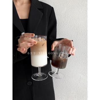 ins風直筒高腳咖啡杯冰美式玻璃杯小眾設計拿鐵杯牛奶杯果汁杯子
