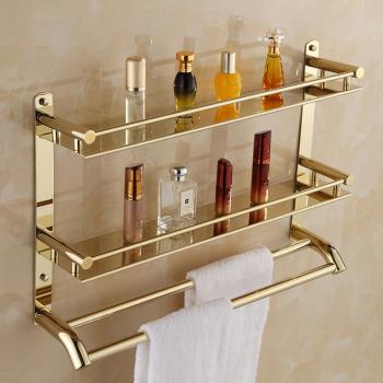 浴室不銹鋼浴巾架子衛生間雙層毛巾架壁掛折疊2層金色衛浴置物架