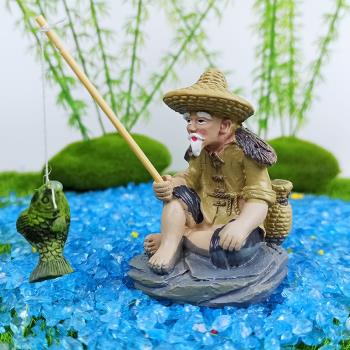 姜太公釣魚假山魚缸流水盆景擺件釣魚翁老頭亭子家居飾品桌面裝飾