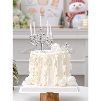 網紅唯美女神生日蛋糕裝飾復古燭臺蠟燭擺件珍珠蝴蝶結小皇冠插件