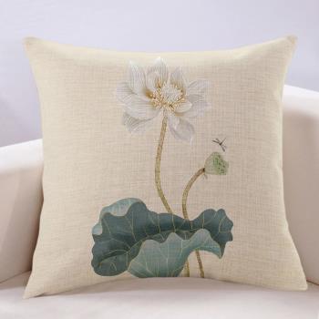 新中式沙發抱枕荷花米色花卉靠墊亞麻中國風客廳高檔靠背枕套含芯