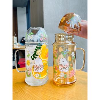 新款卡通兔子玻璃杯1000ml大容量耐高溫飲水壺辦公室宿舍用喝水杯