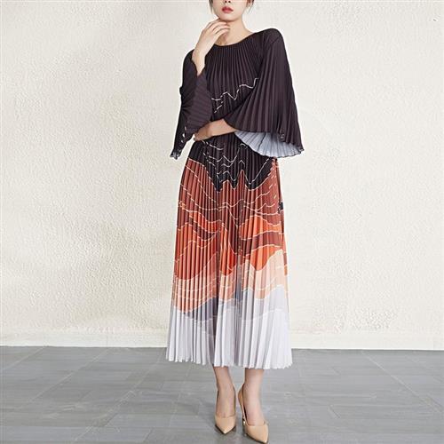 【米蘭精品】褶皺洋裝長袖連身裙-三宅風高彈寬鬆印花女裙子2色74fe13