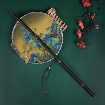 古風印花腰扇漢服團扇中國風紫竹長柄流蘇可捲曲摺扇古典掛腰扇子