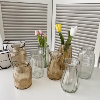 歐式復古琥珀色玻璃花瓶 透明水培插花花瓶厚款 簡約家居桌面擺件