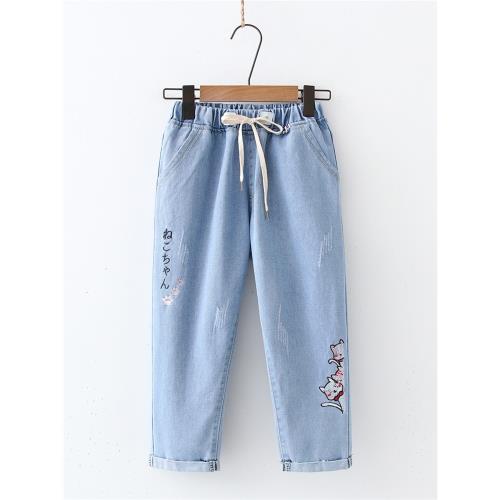 初中生短褲牛仔闊腿褲女夏季裝休閑寬松少女高中學生七分直筒褲子