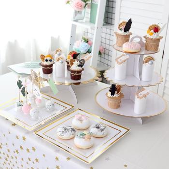 婚禮甜品臺燙金紙盤三層展示架生日佈置擺臺裝飾一次性盤子蛋糕架
