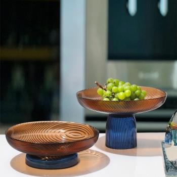 彩色高腳玻璃果盤擺件現代輕奢家用客廳茶幾餐桌零食水果盤裝飾品