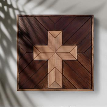 實木手工幾何拼圖立體十字架墻面裝飾畫客廳玄關壁畫桌面相框擺臺