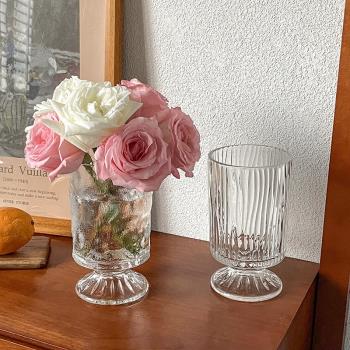 歐式風復古浮雕透明玻璃高腳花瓶輕奢高級感水養插花餐桌裝飾擺件