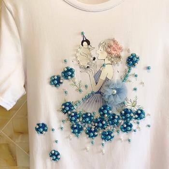 韓國新款夏季原創設計女孩印花亮片花朵釘珠純棉修身T恤女
