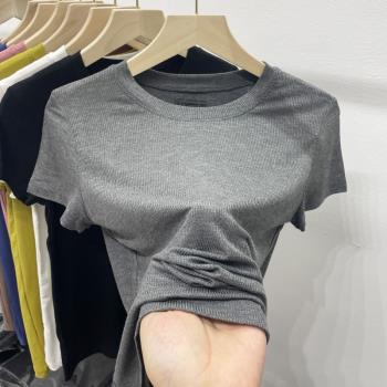 灰色正肩短袖T恤女2023年夏季新款垂墜感修身顯瘦設計感小眾上衣