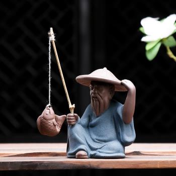 盆景姜太公釣魚翁老頭小擺件陶瓷微景觀人物魚缸裝飾造景布景配件