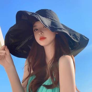 日本黑膠漁夫帽子女夏天超大檐遮臉防曬防紫外線遮陽太陽帽可折疊