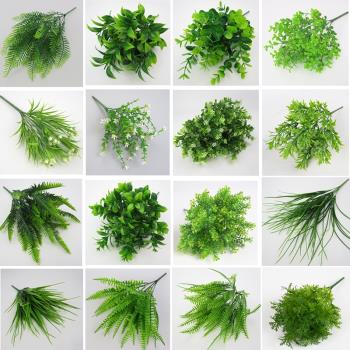 綠色塑膠仿真植物葉子墻面插花配材假花波斯草尤加利婚慶軟裝布置