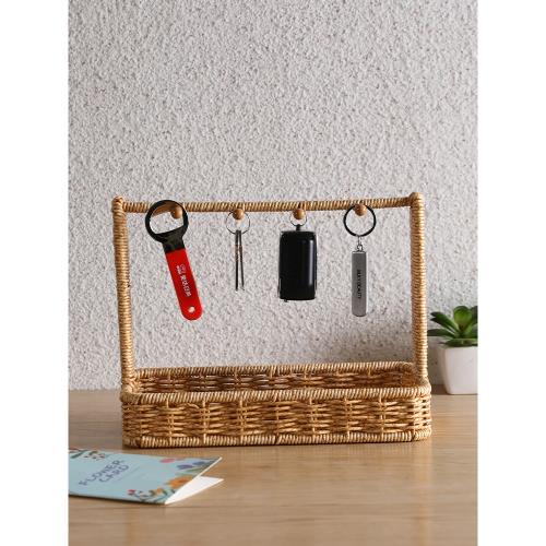 Kens桌面收納盒進門口玄關放鑰匙置物架仿藤編雜物化妝品整理籃