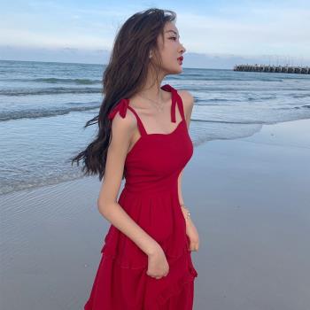 泰國海邊度假沙灘裙chic韓版女夏小眾吊帶收腰荷葉邊蛋糕連衣裙仙