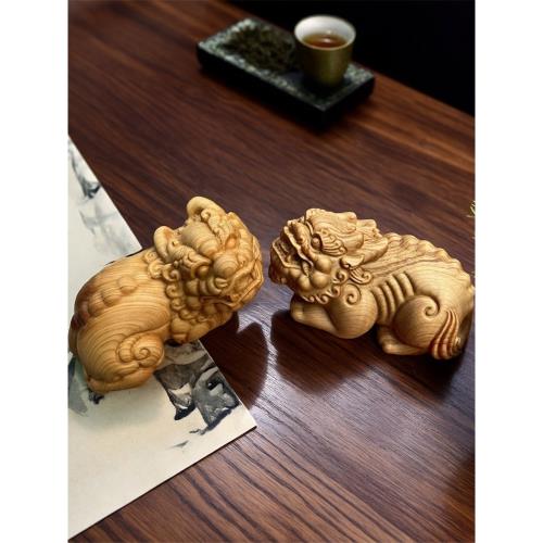 崖柏黃楊木雕刻隨身盤玩貔貅一對擺件手把件男士文玩招財貔犰掛件|木雕