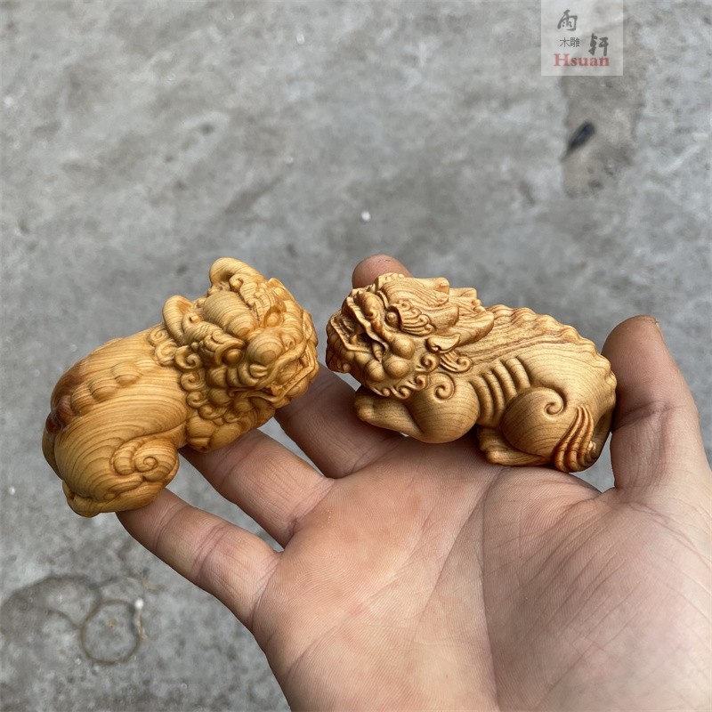 崖柏黃楊木雕刻隨身盤玩貔貅一對擺件手把件男士文玩招財貔犰掛件|木雕