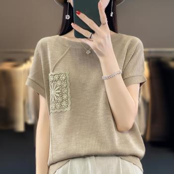 夏季薄款竹節麻短袖韓版冰絲t恤女針織衫時尚上衣設計感小眾外穿