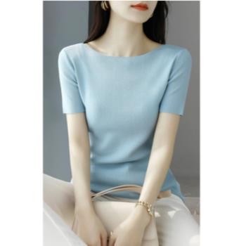 韓版一字肩冰絲短袖T恤女夏2023新款修身氣質優雅百搭針織上衣薄