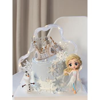 網紅皇冠蛋糕裝飾插件冰雪女王艾莎公主擺件插牌女孩生日裝扮配件