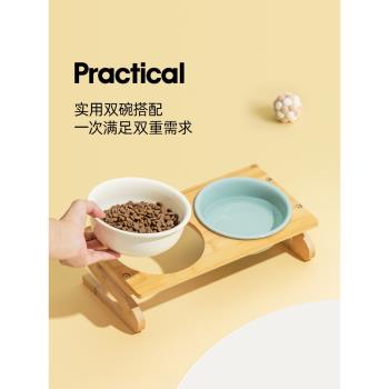 斜口陶瓷寵物碗狗碗貓碗竹木架防打翻保護頸椎柯基小型犬飯碗飯盆