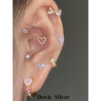 不銹鋼鍍K金耳骨釘鑲嵌鋯石心形軟骨耳環可愛少女小巧精致耳飾