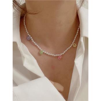 韓國東大門新款手工彩色米珠花朵珍珠項鏈INS簡約百搭頸鏈鎖骨鏈