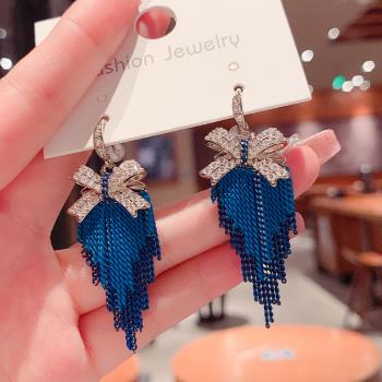 韓國氣質鑲鉆蝴蝶結耳環2022年新款潮高級小眾設計感流蘇耳釘耳飾