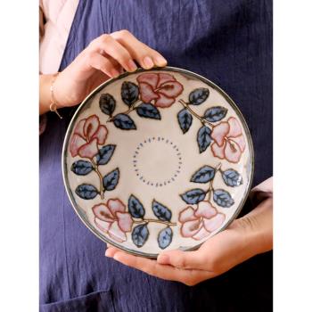 日本進口沖繩玫瑰手繪窯變藍赤花釉下彩陶瓷餐具家用盤碟子缽飯碗