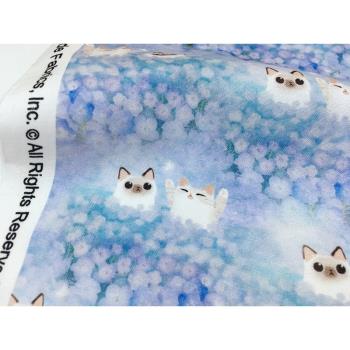 夢幻藍紫色系花海小貓咪卡通數碼印花布 diy手工兒童連衣裙流沙包
