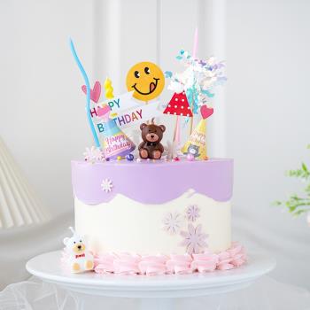網紅ins風生日蛋糕裝飾可愛小熊蠟燭擺件愛心小帽子笑臉派對插件