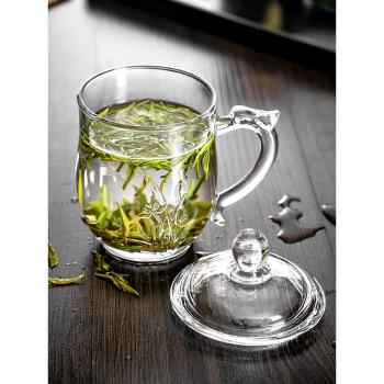耐熱玻璃杯男帶蓋大茶杯辦公室透明女帶手柄水杯家用中式泡茶杯子