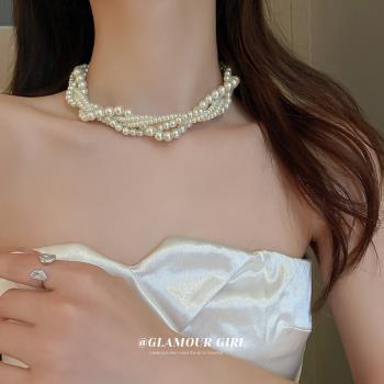 時尚法式復古鎖骨鏈麻花纏繞珍珠
